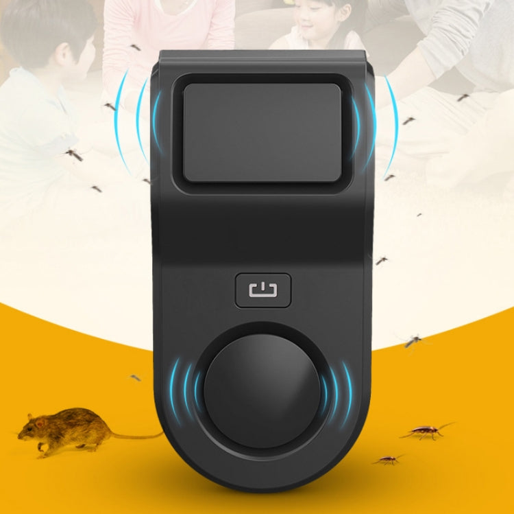 Black ultrasonic repellent plug-in device with blue sound wave indicator rings