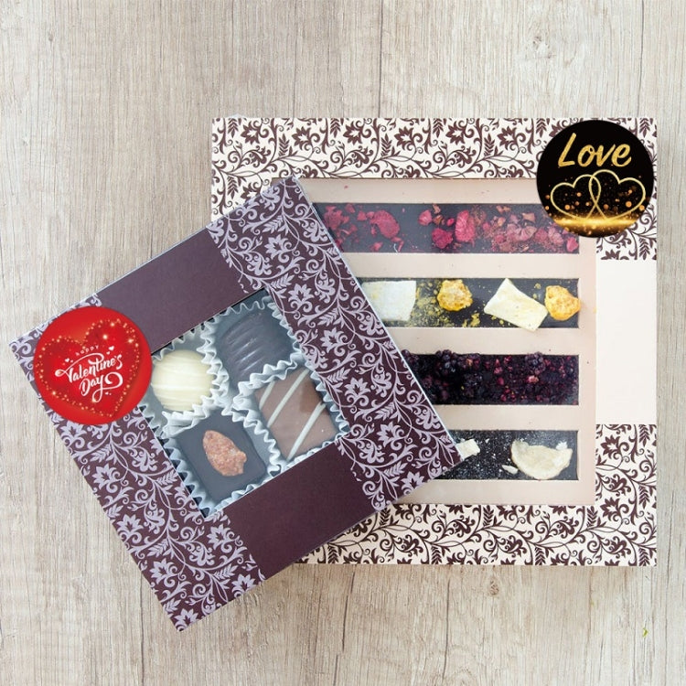 Valentine love stickers with dark purple patterned bow, red “Valentine’s Day” circle sticker.