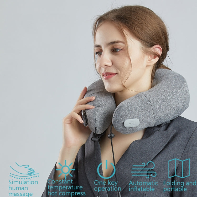 Gray U-shaped inflatable neck massager pillow with side control module and straps