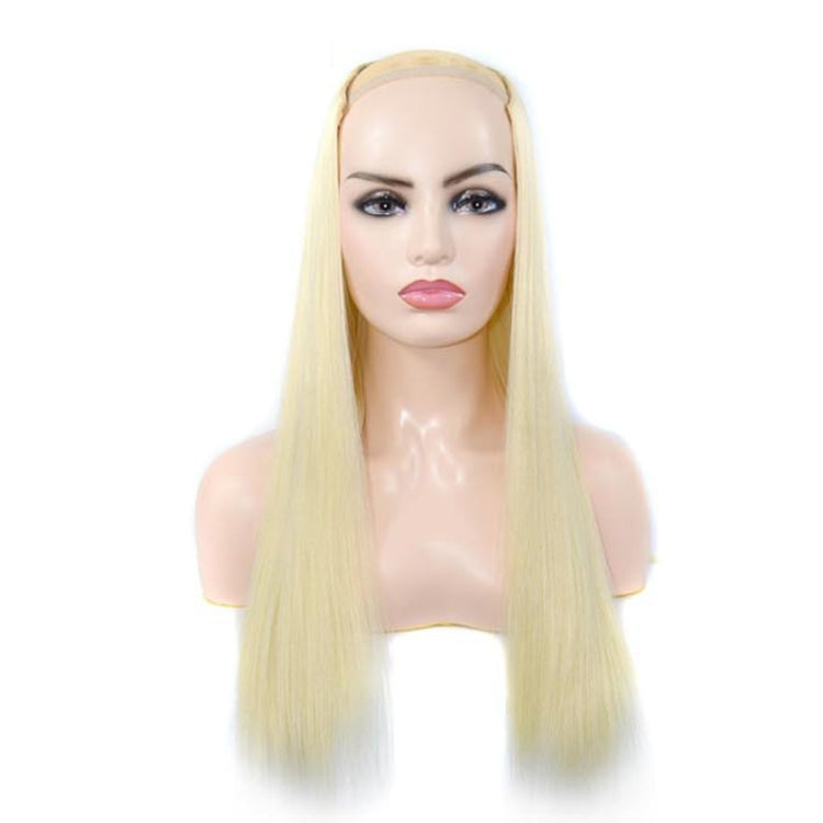 Long straight U-shaped wig hairpiece with pale blonde hair, center part