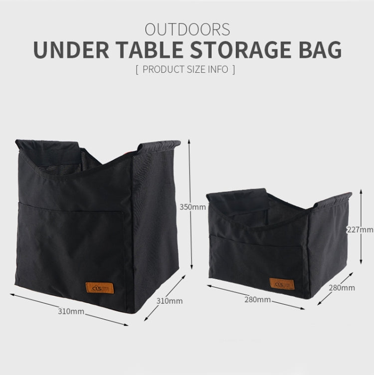 Black under-table storage bag with pocket compartments; size diagram with dimensions