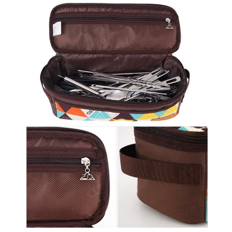 Open brown zippered storage bag with mesh pocket and metal utensils inside