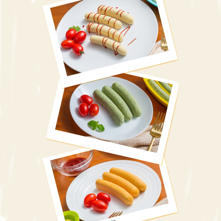 Three hot-dog shapes on plates showing molded results from the silicone mold