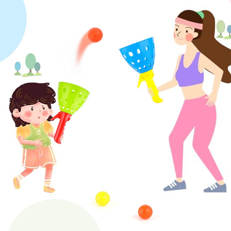 Parent-child catapult ball game with blue cup and orange and yellow balls