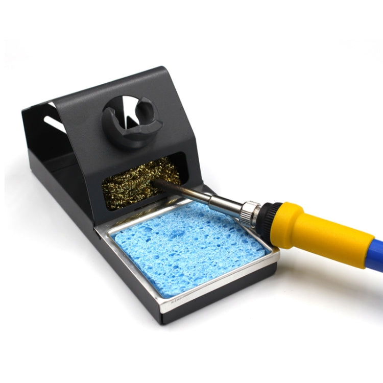 T12 soldering iron stand with metal tray, blue sponge pad, and brass scrubber