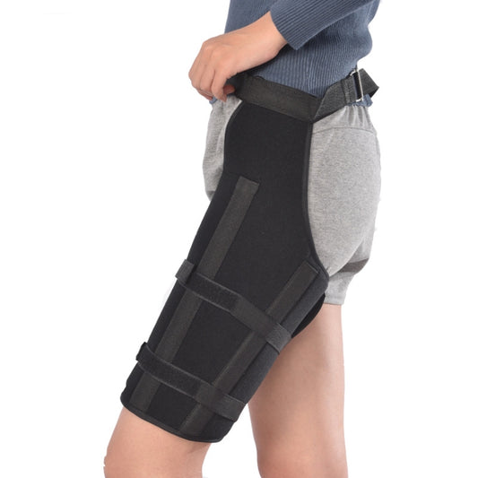 Adult thigh fixation brace with black padded panel and adjustable wrap straps