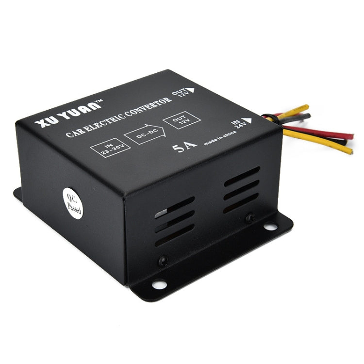 Black converter box with QC passed sticker, vent slots, and multi-color output wiring