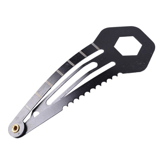 Black multi-tool hair clip with hex wrench, screwdriver, and ruler slots