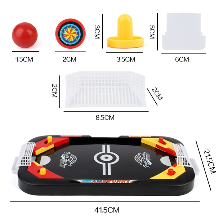 Mini 2-in-1 desktop game size chart with puck, dome, net, and table dimensions