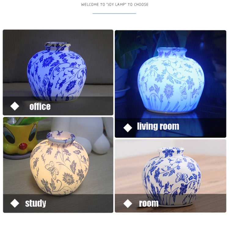 Blue porcelain night light shown for office, living room, study, and room use.