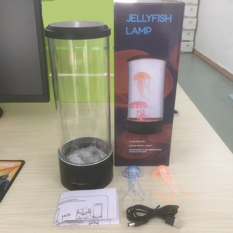 Boxed jellyfish lamp set with cylindrical lamp, instruction sheet, and USB cable.