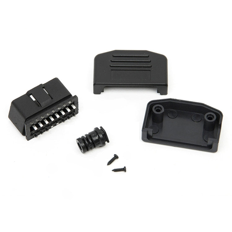 OBD2 16-pin male connector kit parts: plug housing, end piece, screw, and insert