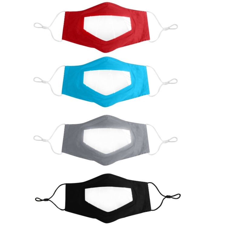 Set of face shield masks in red, turquoise, gray, and black with mouth openings