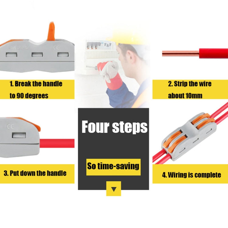 Fast wire joint connector with orange lever on stripped wire ends, four-step use