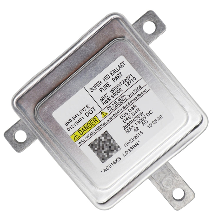 HID ballast control unit with barcode and warning text label on metal casing
