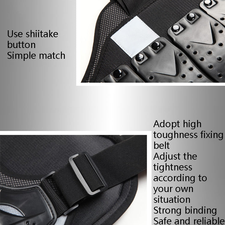 Close-up of adjustable belt on black back protector vest with armored edge trim