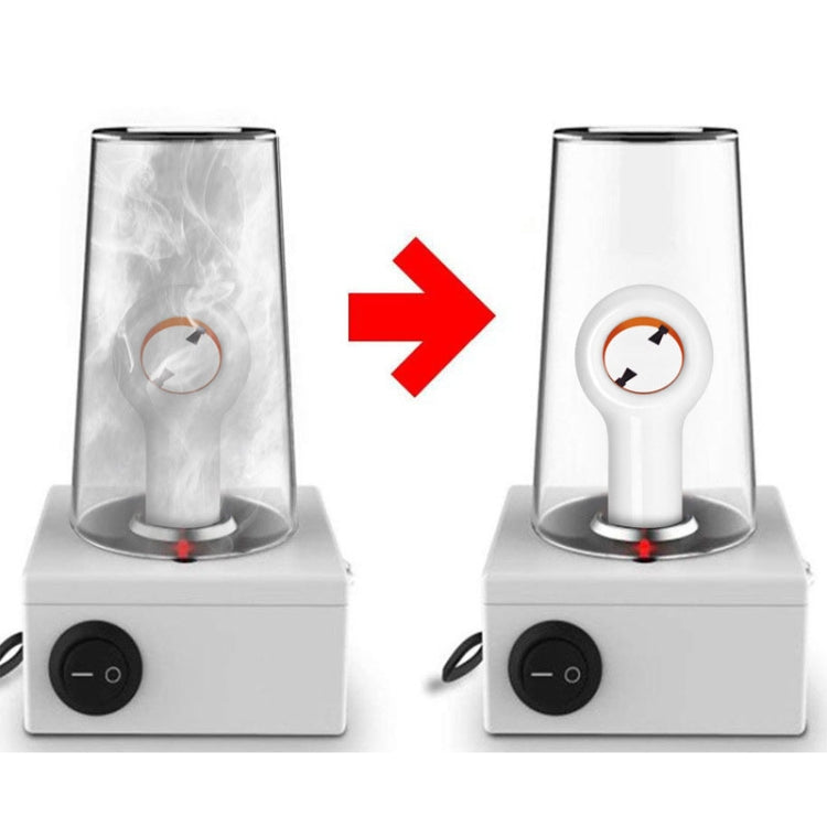 White USB air purifier on base, smoke-to-clear display with orange vent