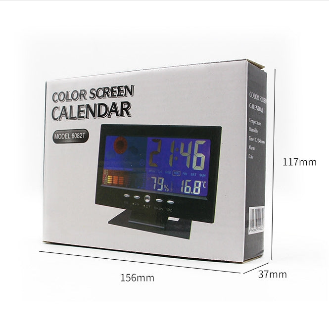 Weather forecast clock retail box labeled color screen calendar with size dimensions