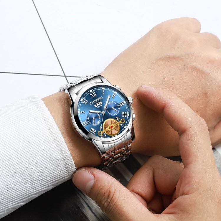Men's quartz watch on wrist, silver metal bracelet, blue dial with gold subdials