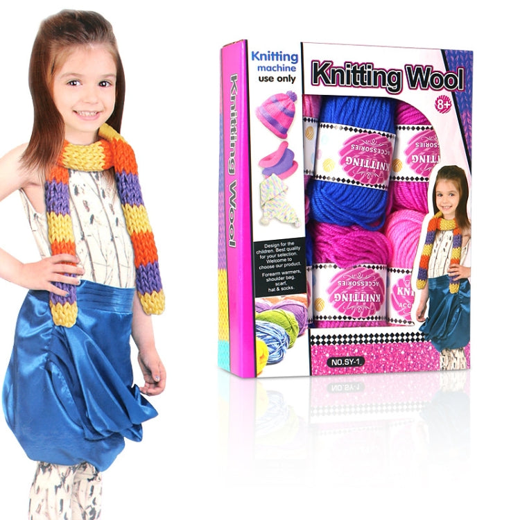 Girl wearing a multicolor knitted scarf with matching yarn kit box beside her