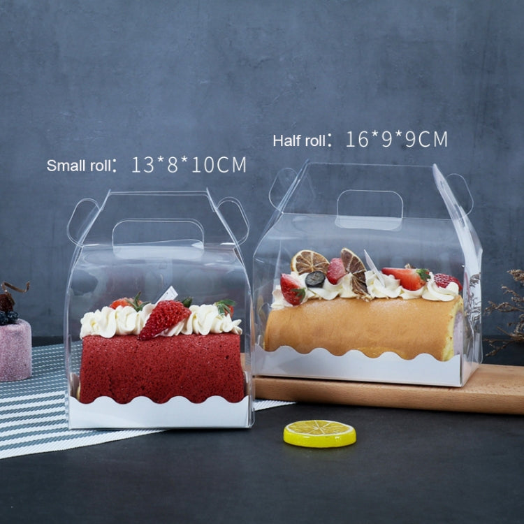 Small and half transparent cake roll boxes with handles, each holding decorated cake.