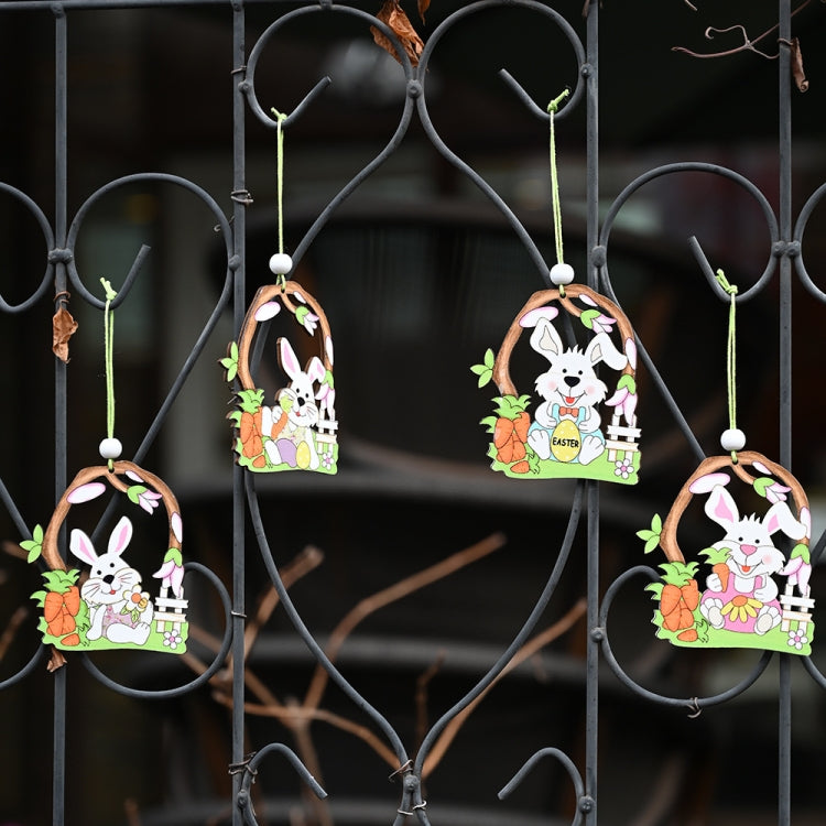 Easter wooden rabbit egg pendant ornaments, colorful illustrations hanging on metal fence