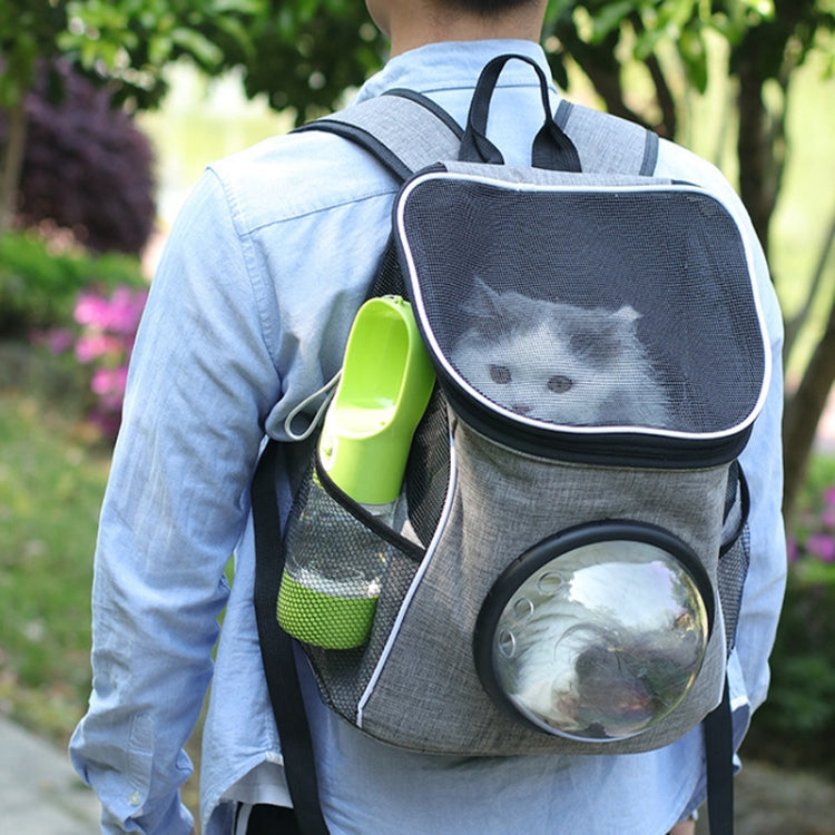 Green pet water cup attached to a backpack side pocket