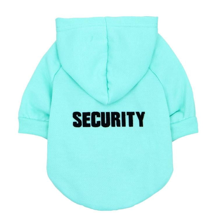 Light teal fleece dog hoodie sweater with hood and ribbed cuffs, 'SECURITY' front print