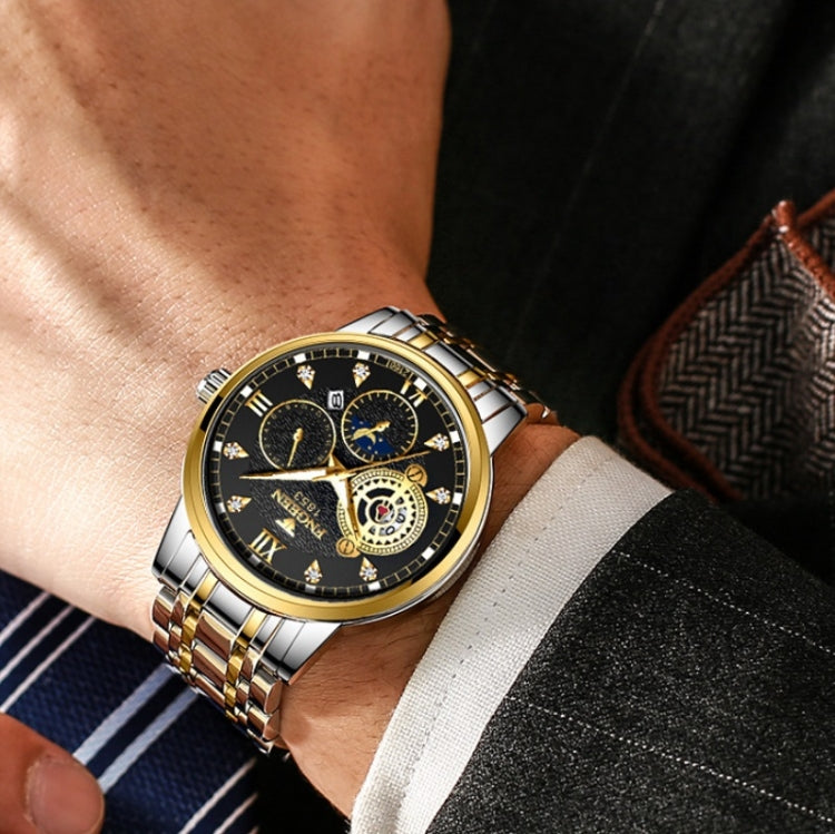 Men’s three-eye quartz watch on wrist, black dial with gold markers and subdials, two-tone bracelet
