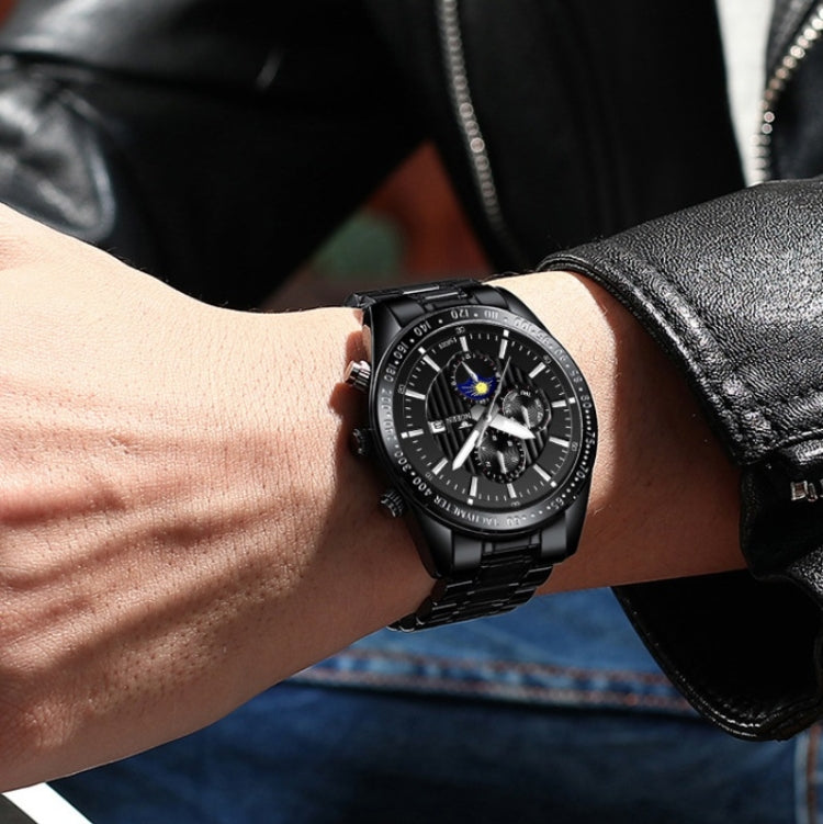 Black quartz wristwatch with three subdials and tachymeter bezel on black leather strap.