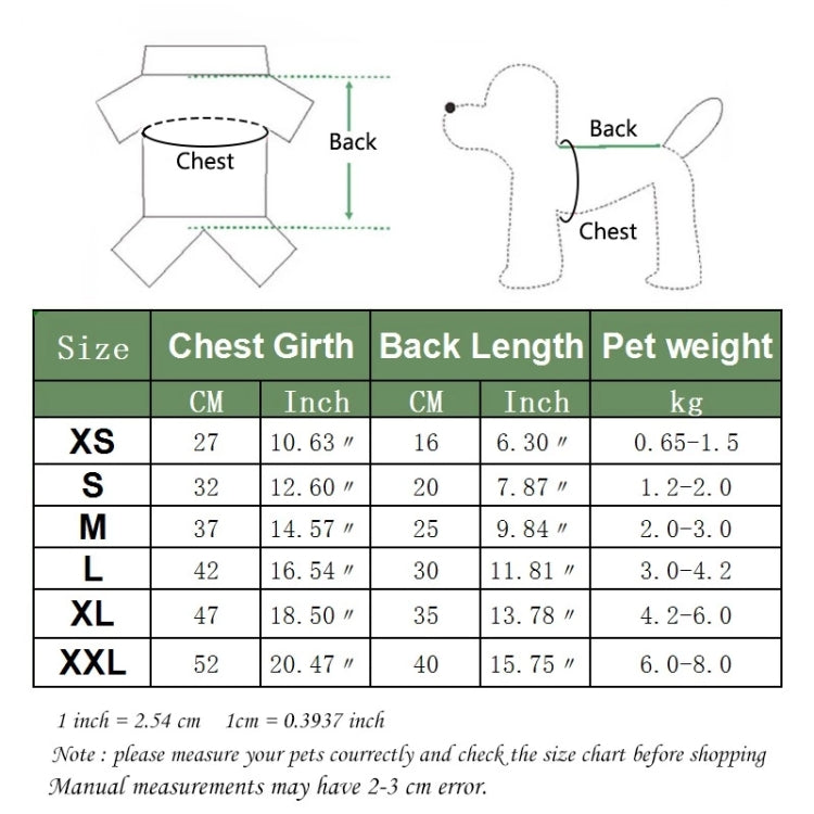 Dog hoodie size chart showing chest girth and back length measurements