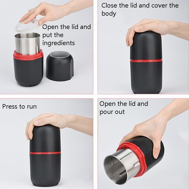 Electric small grinder showing lid opening, press-to-run, and pour-out use steps