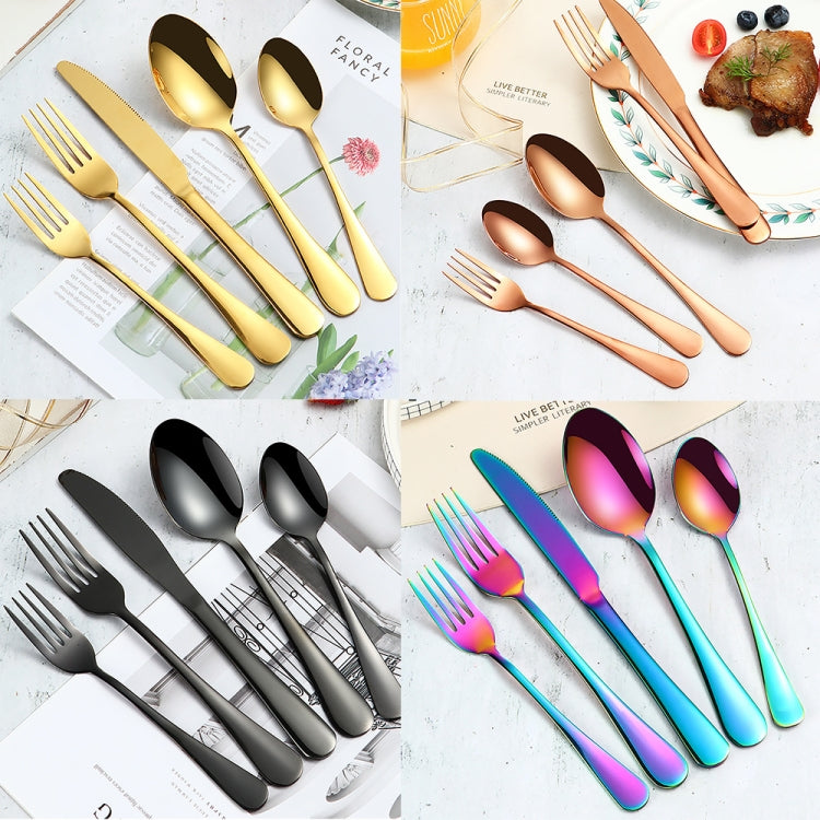 20-piece stainless steel cutlery set with assorted finishes: gold, rose gold, black, rainbow