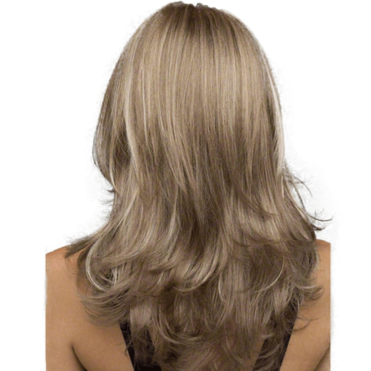 Curly synthetic wig, mid-length light brown with gold highlights, back view