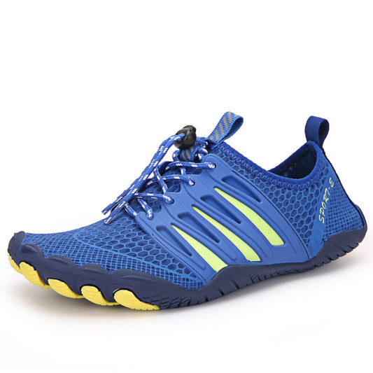 Bright blue mesh water shoe with neon green side stripes and lace-up closure