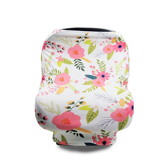 Stroller windscreen seat cover with colorful floral print on white.