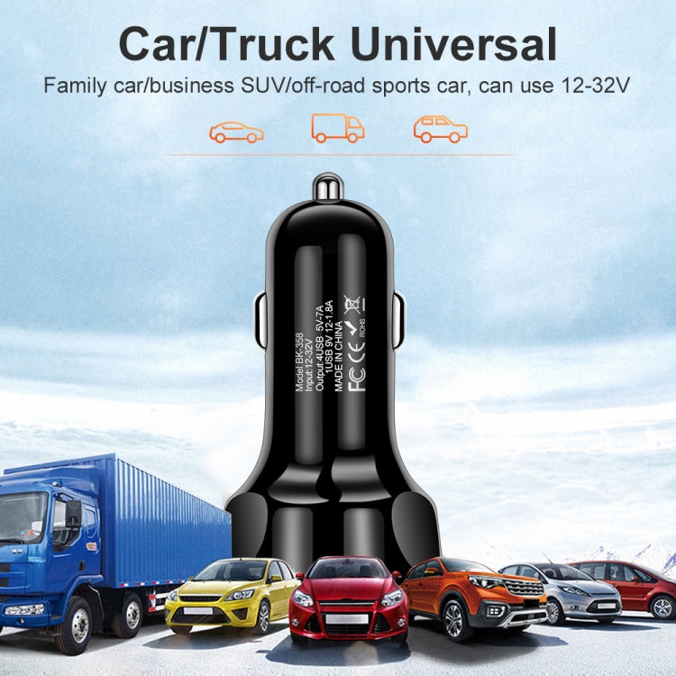 Black 4-USB car charger with dual USB-style ports and car-style plug