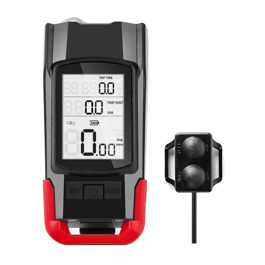Wireless bicycle code meter lamp with digital display, black unit and red side grips