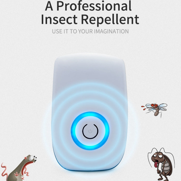White ultrasonic pest repeller with glowing blue ring and insect repelling icons