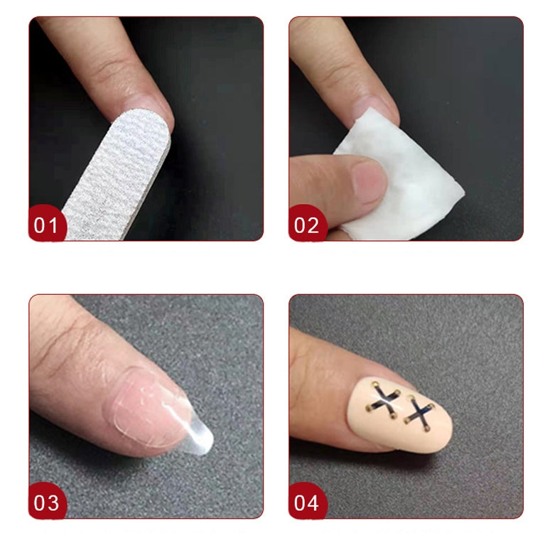 Nail glue adhesive film pressed onto nails in close-up, with peeling tab detail