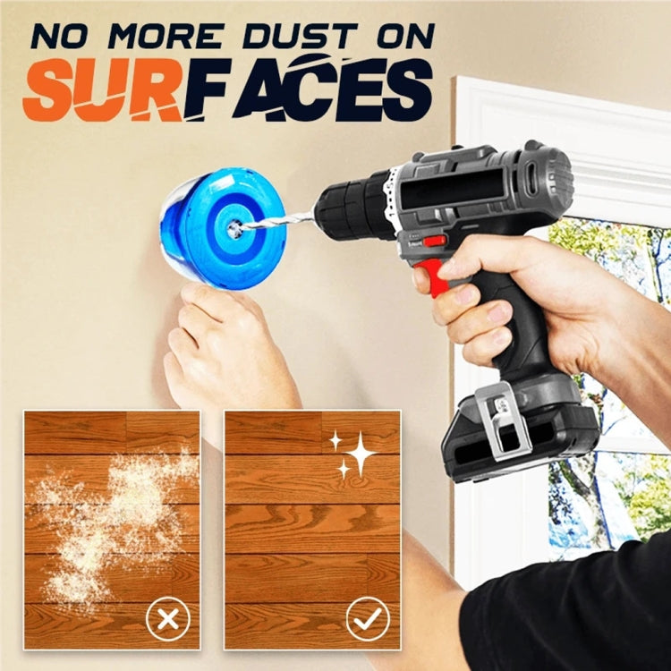 Blue drill dust cover attached to a drill, helping collect dust near the bit