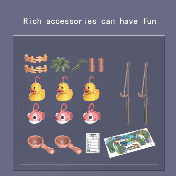 Fishing game accessory set with ducks, fish pieces, two rods, and small cups