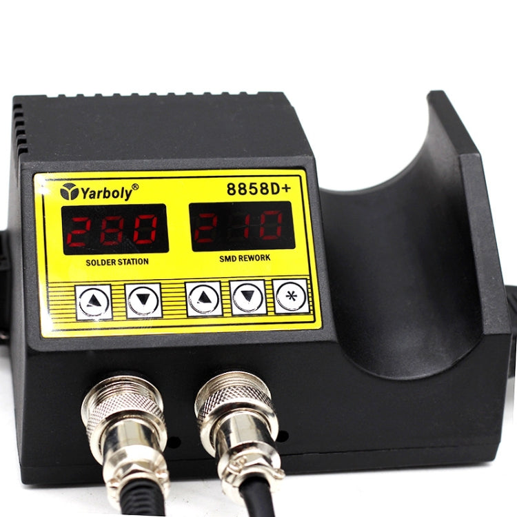 Digital display solder station with yellow panel and two front connector jacks