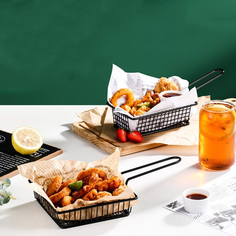 Black wire rectangular snack basket with side handles, filled with fried snacks
