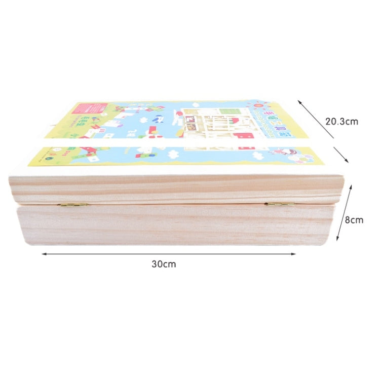 Wooden toolbox playset with printed lid, approx 30 x 20.3 x 8 cm