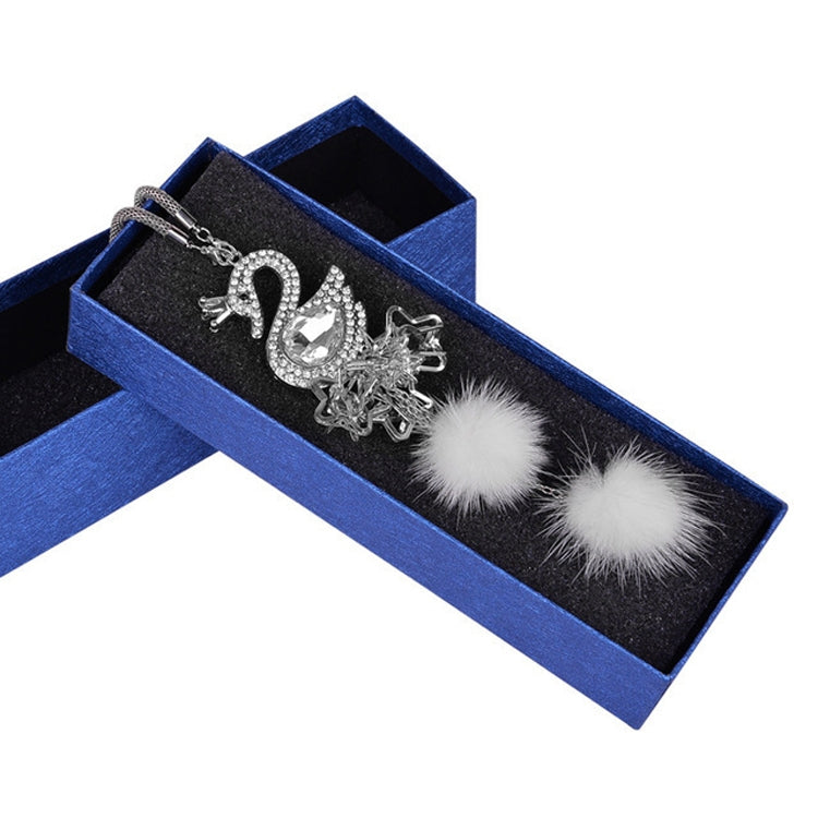 Car rearview mirror pendant in blue gift box with rhinestone swan design and two fuzzy balls
