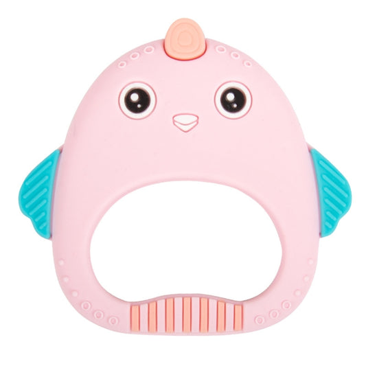 Pink silicone baby teether shark-shaped ring with textured nubs and smiling face