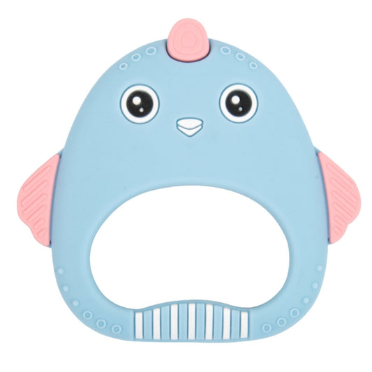 Blue silicone baby teether shark-shaped ring with textured nubs and smile face