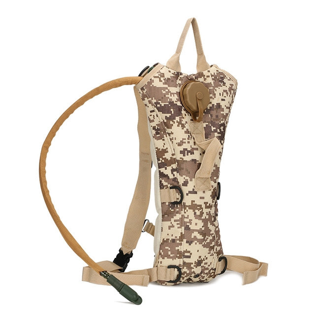 Military tactical hydration water bag backpack, desert camo with adjustable straps and hose
