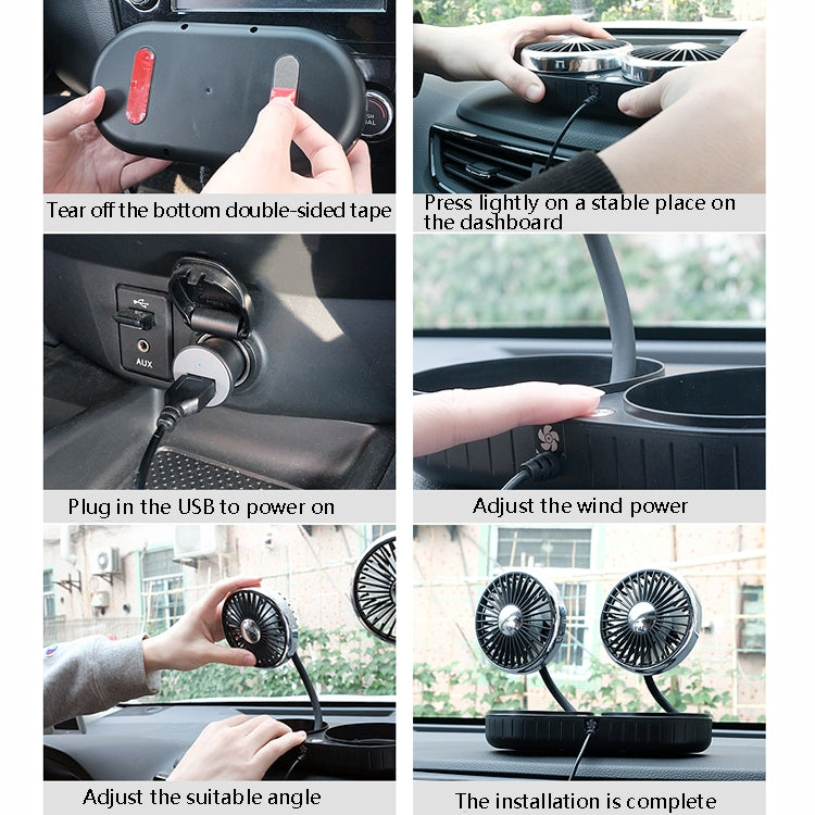 Car USB fan installation steps showing plug-in, stable placement, and angle adjustment